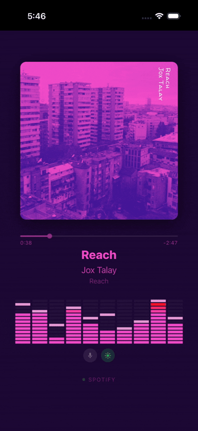 TuneBoss showing album art, track info, and spectrum analyzer with dynamic color theming